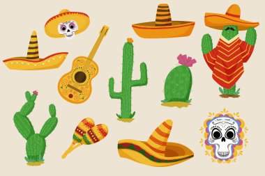 Sombrero kaktüs gitar kafatası ve çizgi film tarzında marakas içeren renkli Meksika seti.