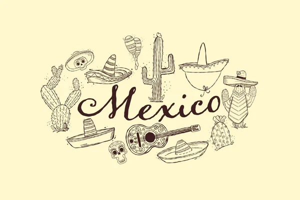 Meksika harfleri geleneksel Meksika seyahat tarzında el çizimi kültürel semboller.