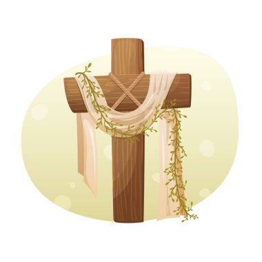 Beyaz bez ve zeytin dallarıyla ahşap haç Hıristiyan Paskalya dini illüstrasyonları