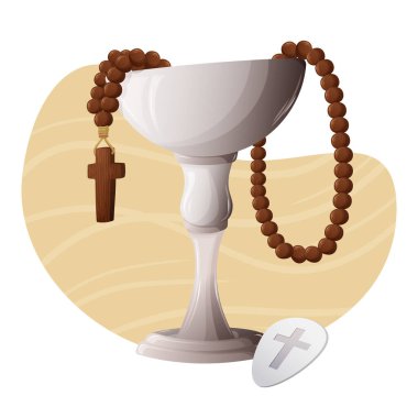 Tespih boncuklu komünyon kadehi ve yumuşak arka planda haç