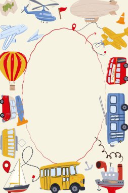 Otobüsler, uçaklar ve çocuklar gibi eğlenceli gemilerle el yapımı ulaşım çerçevesi.