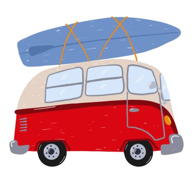 Çocuk eli çizilmiş sörf tahtalı bir karavan.