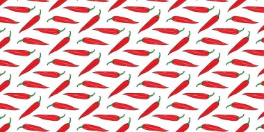 Canlı kırmızı biber desenli illüstrasyon: tekrarlayan biberler kusursuz bir grafik arkaplan oluşturur.