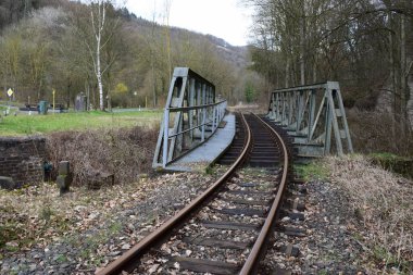 İlkbaharda bir ormanın üzerindeki demiryolu köprüsü