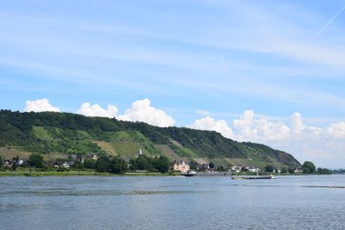 Leutesdorf 'un yukarısındaki üzüm bağlarında Ren nehrinden geçen gemiler var.