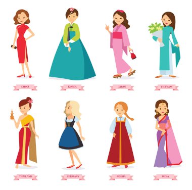 Vector cartoon girls in the world beautiful traditional costumes. clipart