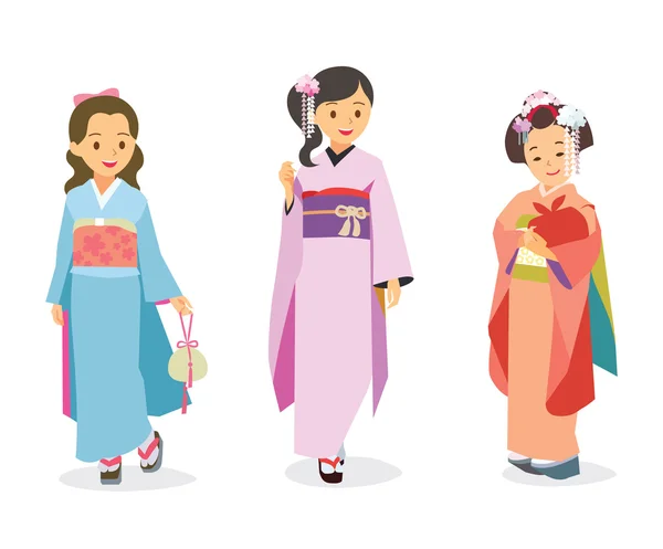 Illustration vectorielle de dessin animé filles mignonnes en costume traditionnel japonais Kimono . — Image vectorielle