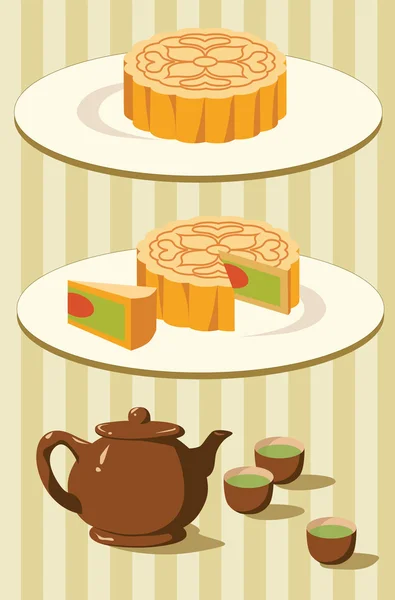 Vector illustration moon cake and green tea for Mid Autumn festival — Stock Vector
