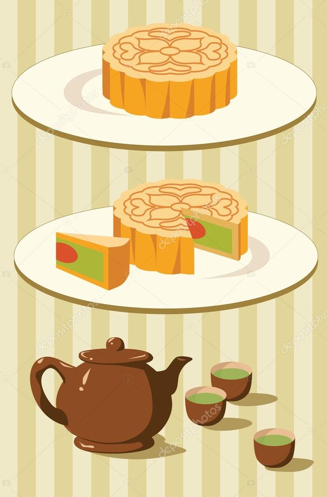 Vector Illustration Moon Cake And Green Tea For Mid Autumn Festival Stock Vector C Hanukuro 117413958