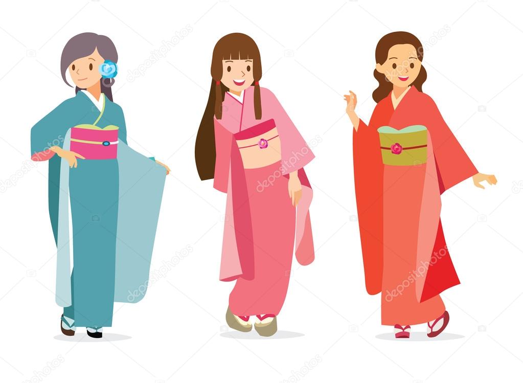 Vector cartoon illustration cute girls in Japanese traditional costume ...