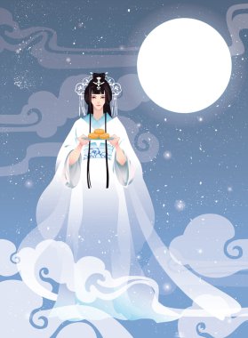 Çin Ay tanrıçası, Chang'e ve moon kek. Vektör çizim mid Sonbahar Festivali.