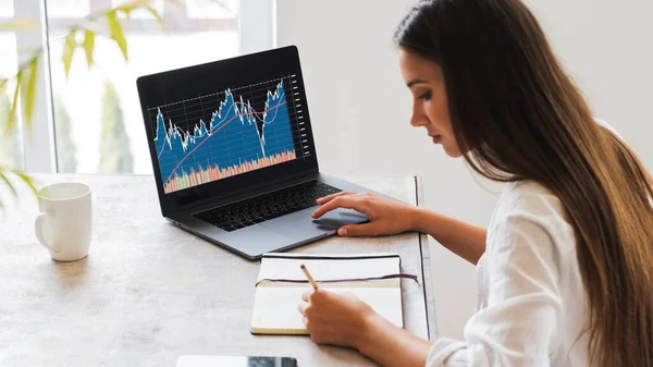Empresária atraente se senta na mesa na frente do laptop e analisa o mercado de ações de seu escritório em casa. — Fotografia de Stock