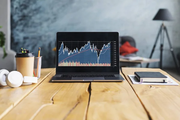 Primer plano de la computadora portátil con monitor de analista de bolsa y tazas, auriculares, café en una mesa en un café. — Foto de Stock