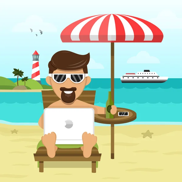 Op het strand freelance werk & Rest vlakke afbeelding — Stockvector