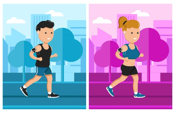 Sport férfi és nő fut sima vektor-illusztráció — Stock Vector