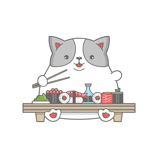 Счастливая толстая кошка ест иллюстрации суши — стоковый вектор