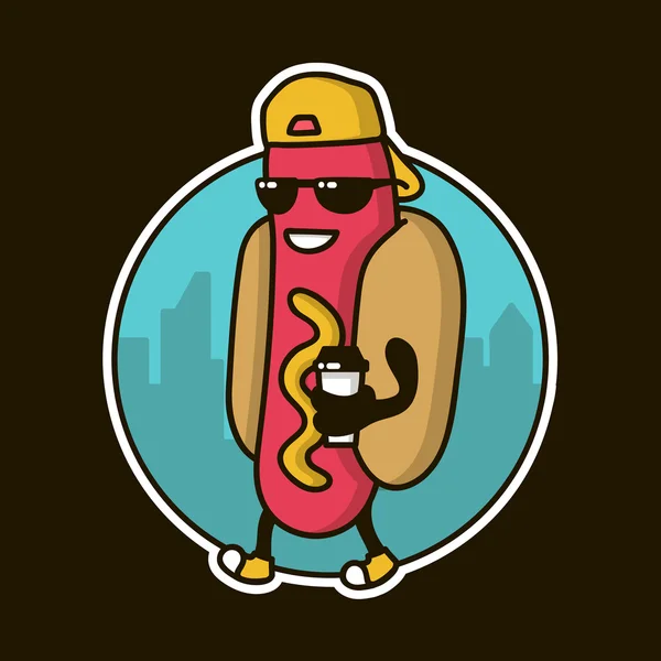 Крутий хлопець Hotdog персонаж з кавовою кепкою, що йде по вулиці. дизайн логотипу, значок для ресторану швидкого харчування — стоковий вектор