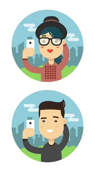Selfie atirou homem e mulher ilustração plana. Vector tomando um conjunto de pessoas selfie — Vetor de Stock