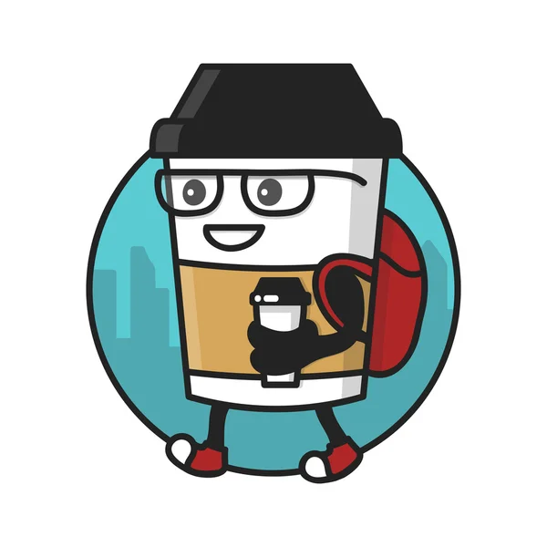 Personnage de tasse de café hipster avec tasse de papier de café marche. conception de modèle de logo, badge pour café street shop — Image vectorielle