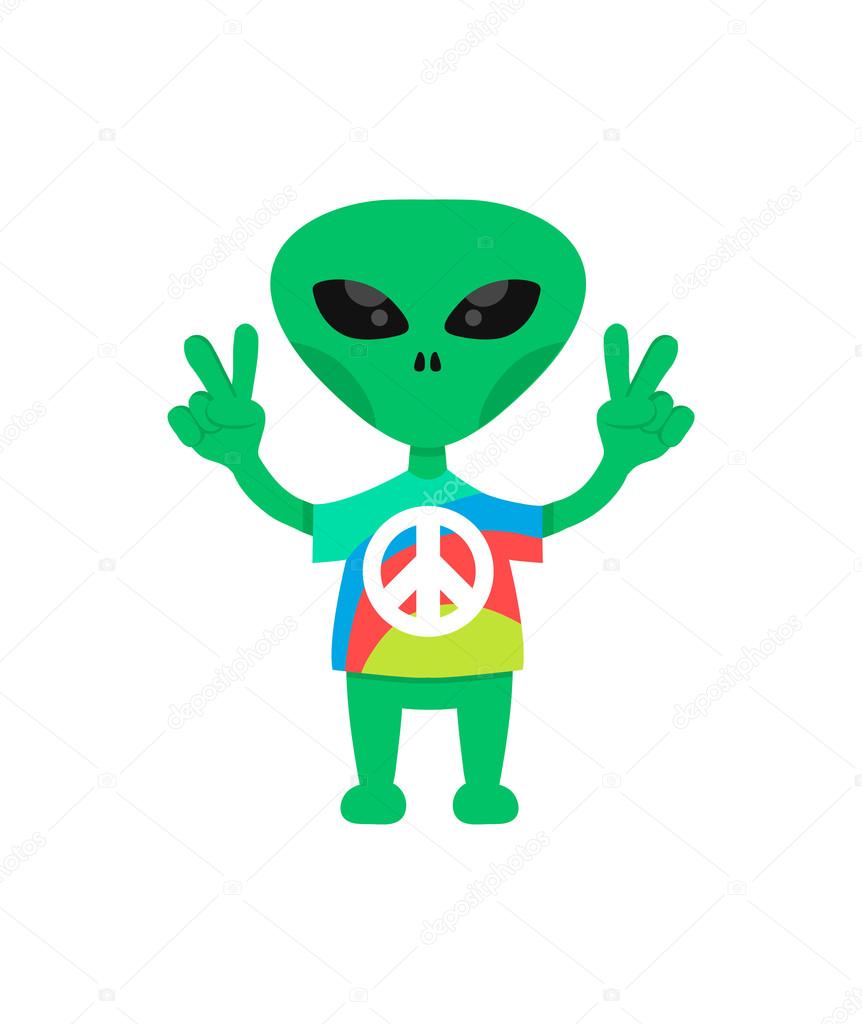 friendly hippie alien flat cartoon charater. come in peace. isolated on white background