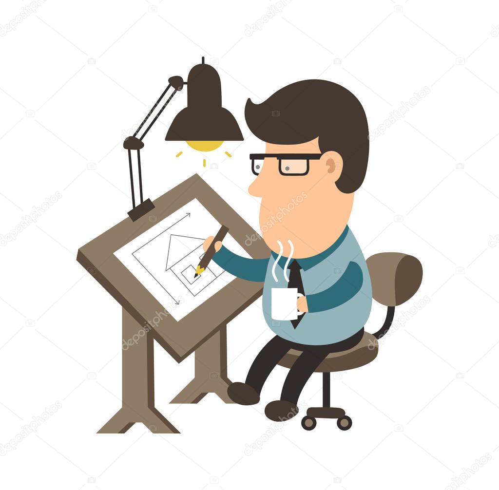 Architect working on desk. House project. draftsman flat illustration character design. Isolated on white background