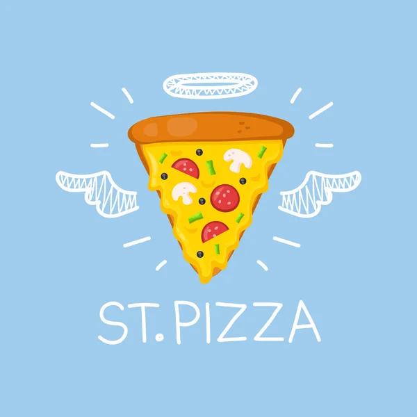 Koncepcja Pizza "St. Pizza" z anioła halo i skrzydła. Płaskie i doodle wektor ilustracja na białym tle — Wektor stockowy