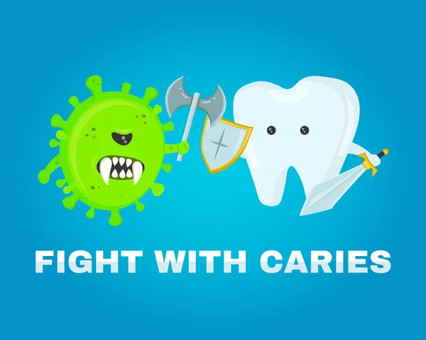 Boj proti zubu s dutinami. pojem zdravé zuby. onemocnění bitva. napadeni zárodky dutin. plochý obrázek vektor — Stockový vektor