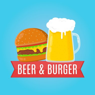 Bira ve burger düz tasarlamak. Gıda kavramı