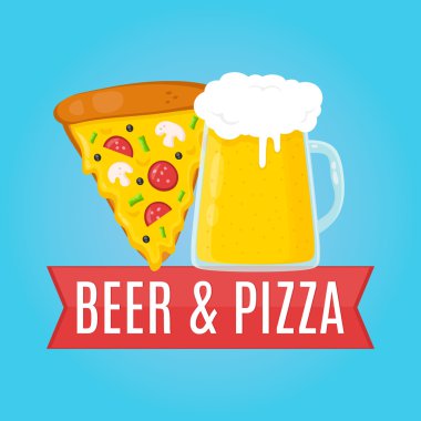 Bira ve Pizza düz tasarlamak. Gıda kavramı