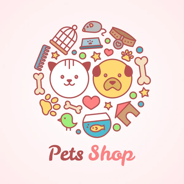 Flat line style pets shop illustration in the form of a circle. For pets shop or veterinary logo design concept. Goods for animals, vector icons set isolated on white background — Stock Vector