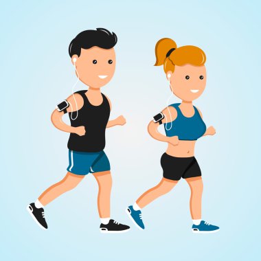 Fitness erkekler ve kadınlar vektör düz karakterler illüstrasyon çalışan genç spor