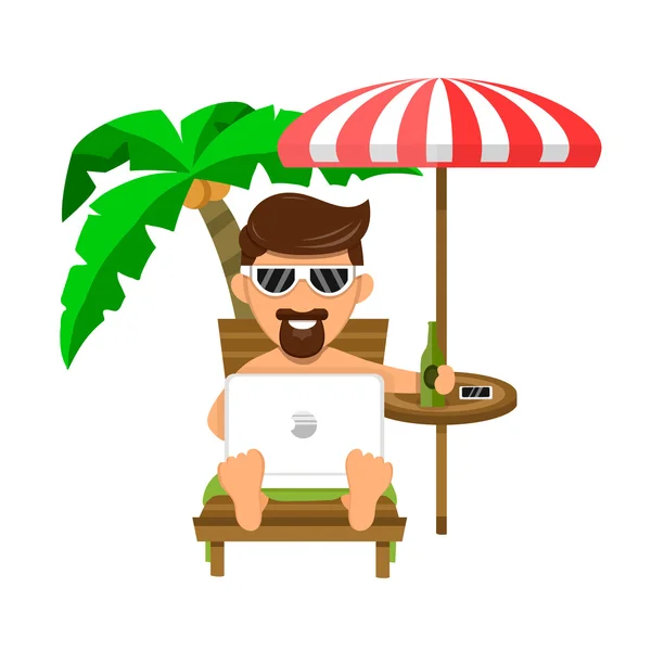 Businessman or Freelance man on beach on a lounger, under a palm tree, drink beer and work. Easy job concept. Flat design illustration isolated on white background — Stock Vector