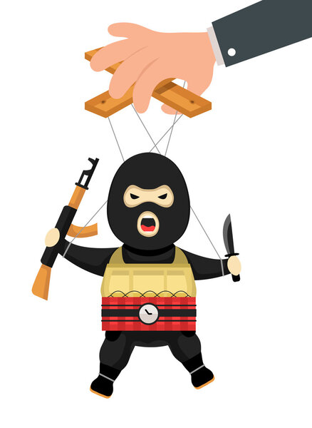 Terrorist puppet with gun, bomb and knife on ropes. Terrorist marionette on ropes controlled. Business manipulate behind scene concept. Vector flat cartoon illustration isolated on white background