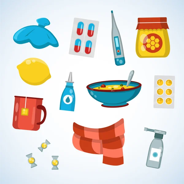 Flat vector illustration icon set of cold, sick, home treatment, flu season — Stock Illustration Flat vector illustration icon set of cold, sick, home treatment, flu season Vector Graphics