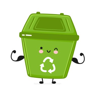 Sevimli, mutlu, güçlü çöp konteynırı kas gösteriyor.