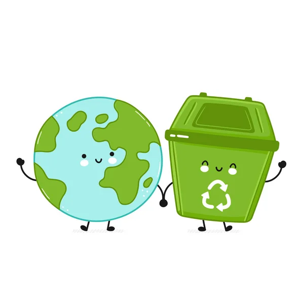 Roztomilý šťastný kontejner na odpadky a Země planety — Stockový vektor
