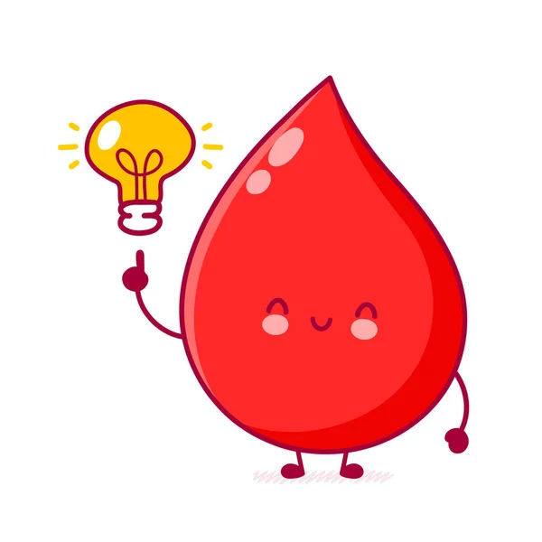 Gota de sangue engraçado feliz bonito com lâmpada —  Vetores de Stock