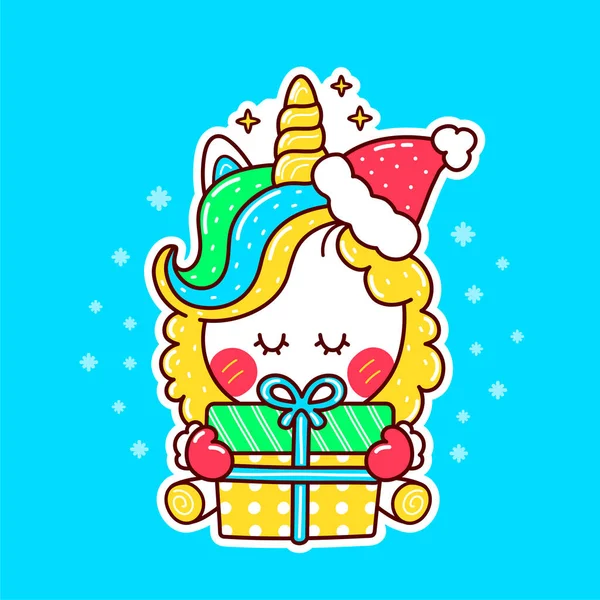 Cute funny unicorn in christmas hat with gift — Stock Vector
