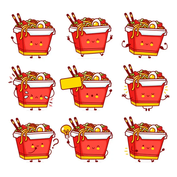 Cute funny happy wok noodle box character — Stock Vector