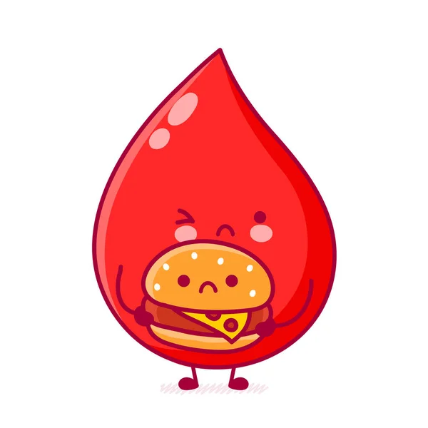 Lindo triste gota de sangre divertida con hamburguesa — Vector de stock