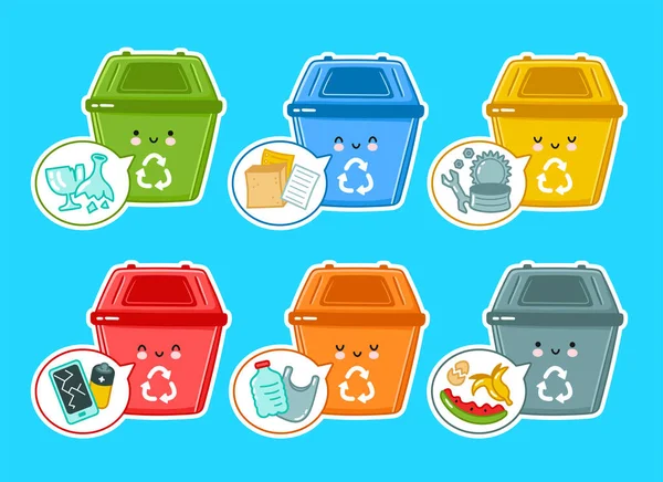 Cute happy plastic containers for garbage set — Stock Vector