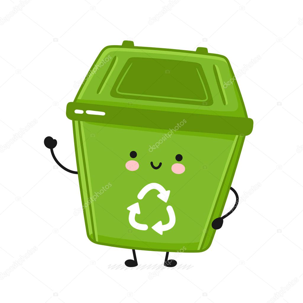 Cute happy garbage container. Vector flat
