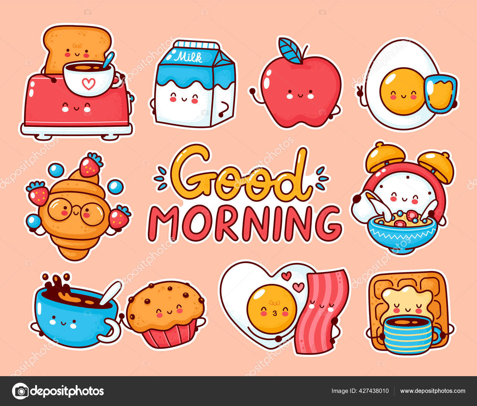 かわいい幸せな朝食フードセットコレクション ストックベクター C Kahovsky かわいい幸せな朝食フードセットコレクション ストックベクター C Kahovsky