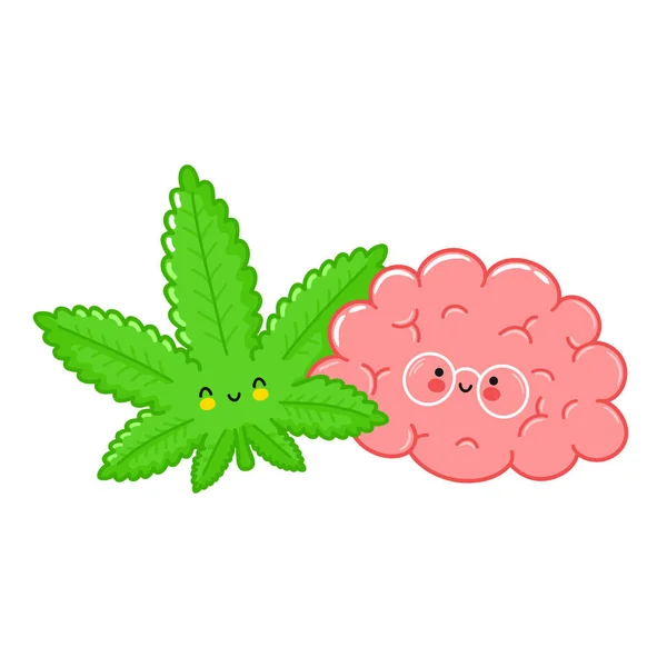 Lindo feliz hierba marihuana hoja y cerebro carácter — Vector de stock