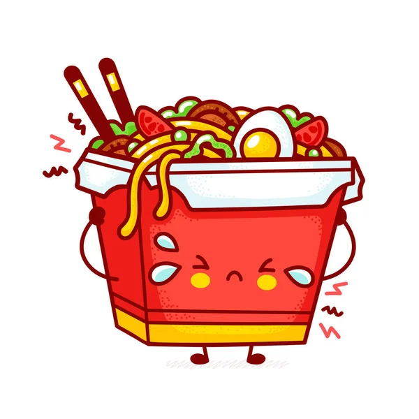 Lindo divertido wok triste caja de fideos carácter — Vector de stock