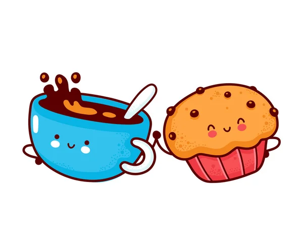 Leuke gelukkige koffie mok en muffin cake — Stockvector