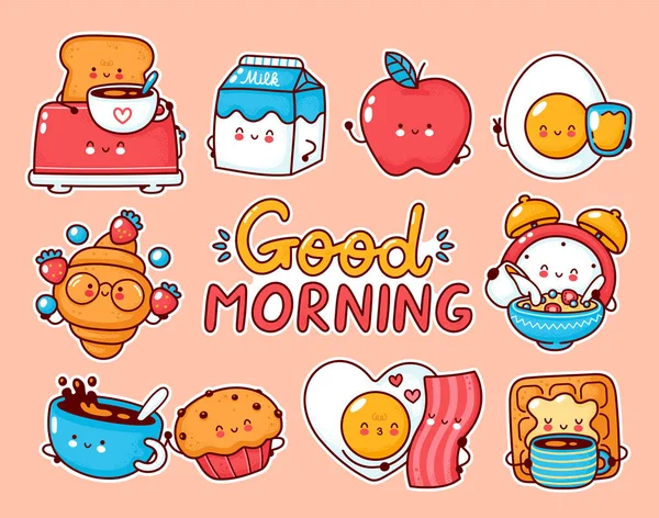 Mignon petit déjeuner heureux ensemble de nourriture collection — Image vectorielle