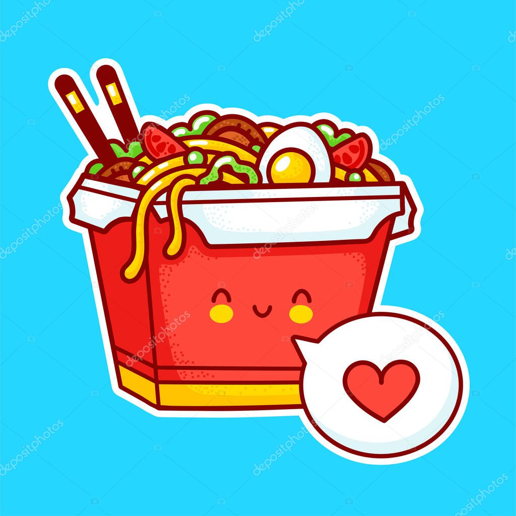 Cute funny happy wok noodle box character . Vector flat line cartoon kawaii character illustration icon. Asian food, noodle, wok box character concept