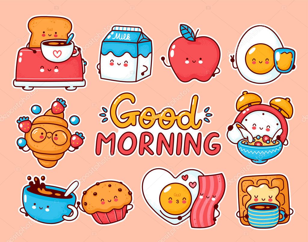 Download Cute Happy Breakfast Food Set Collection Vector Flat Line Cartoon Kawaii Character Stickers Hand Drawn Style Illustration Good Morning Poster Egg Toast Milk Coffee Croissant Waffle Apple Concept Premium Vector In Adobe Illustrator Ai Ai