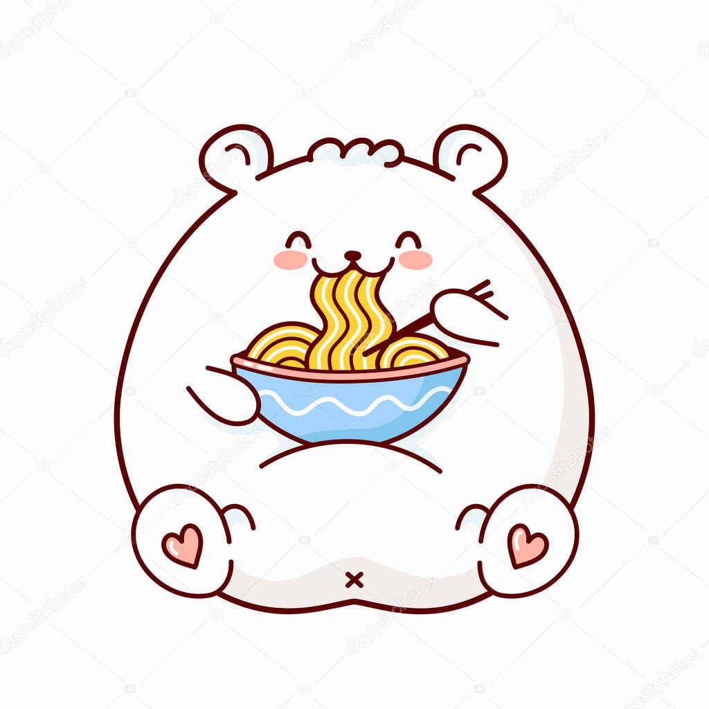 Cute happy funny white bear eat noodle from bowl. Vector flat cartoon kawaii character illustration icon design. Bear eat noodle, ramen logo concept. Isolated on white background